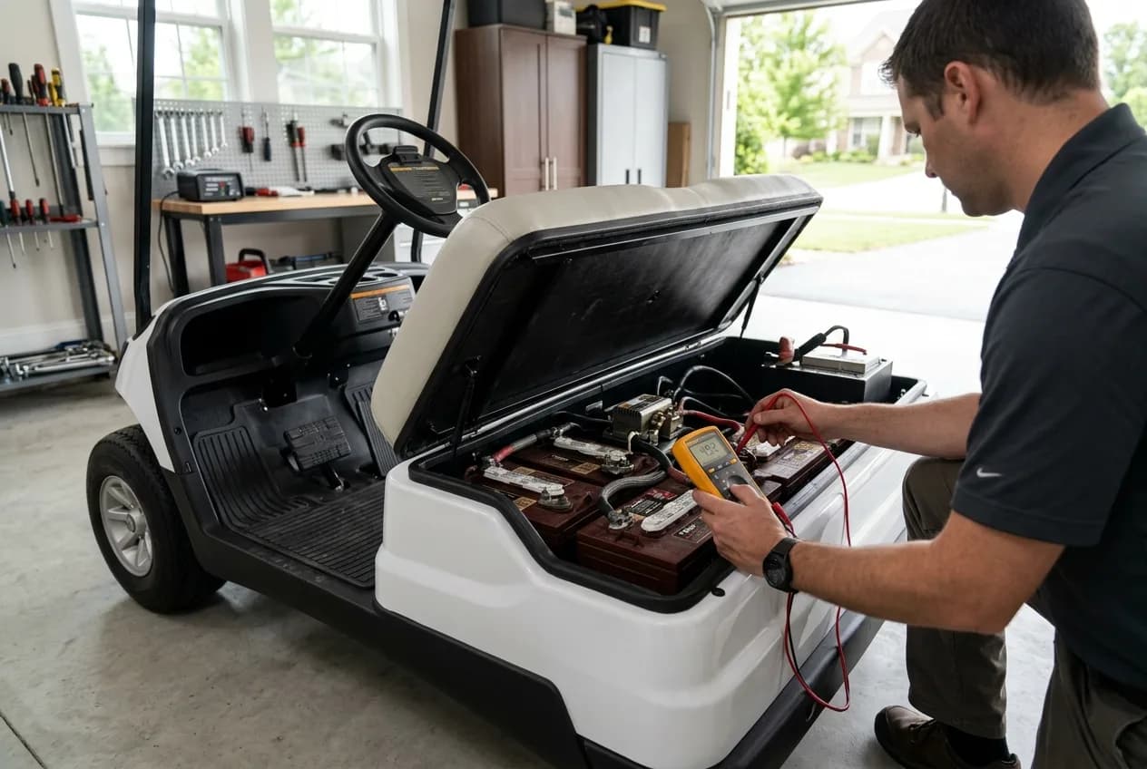 A golf cart with its seat lifted showing the battery pack and solenoid while a multimeter checks voltage in a clean garage