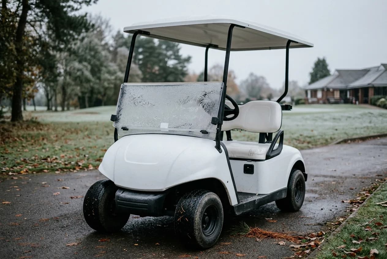 An owner in winter gloves checking the battery compartment of a modern electric golf cart on a frosty driveway