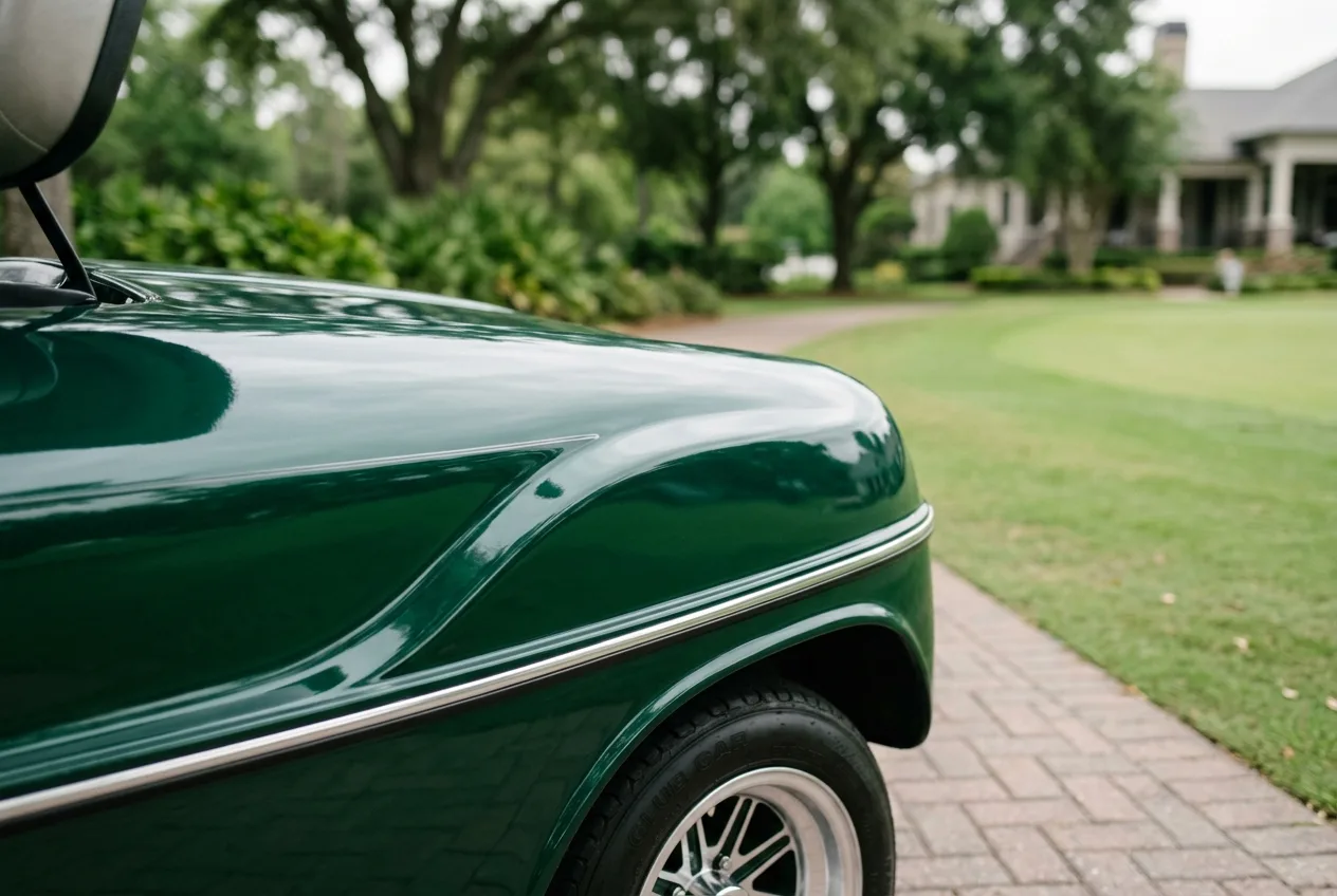 A custom-wrapped golf cart with a bold clean color parked on a smooth driveway in soft daylight