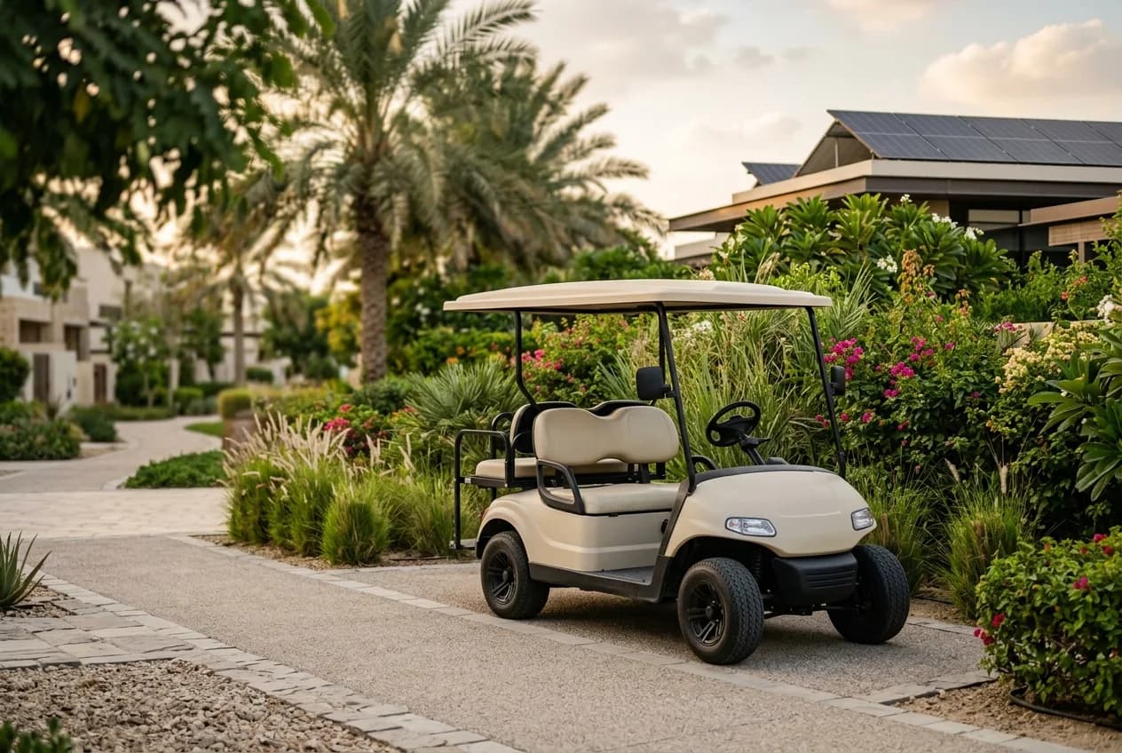 An electric buggy on a green, landscaped path in a sustainable UAE community with solar and greenery under soft daylight