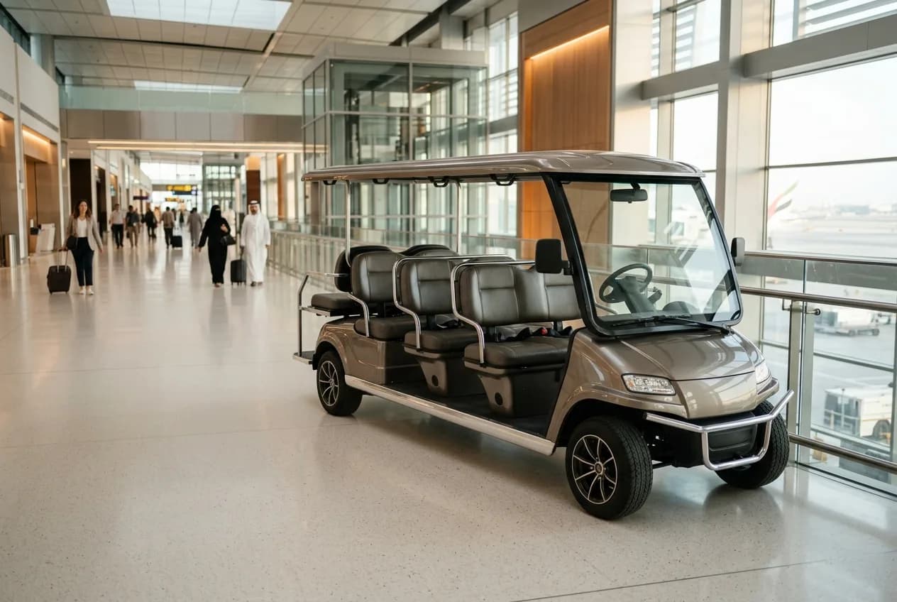 An electric passenger buggy carrying travellers along a bright modern airport concourse in the UAE