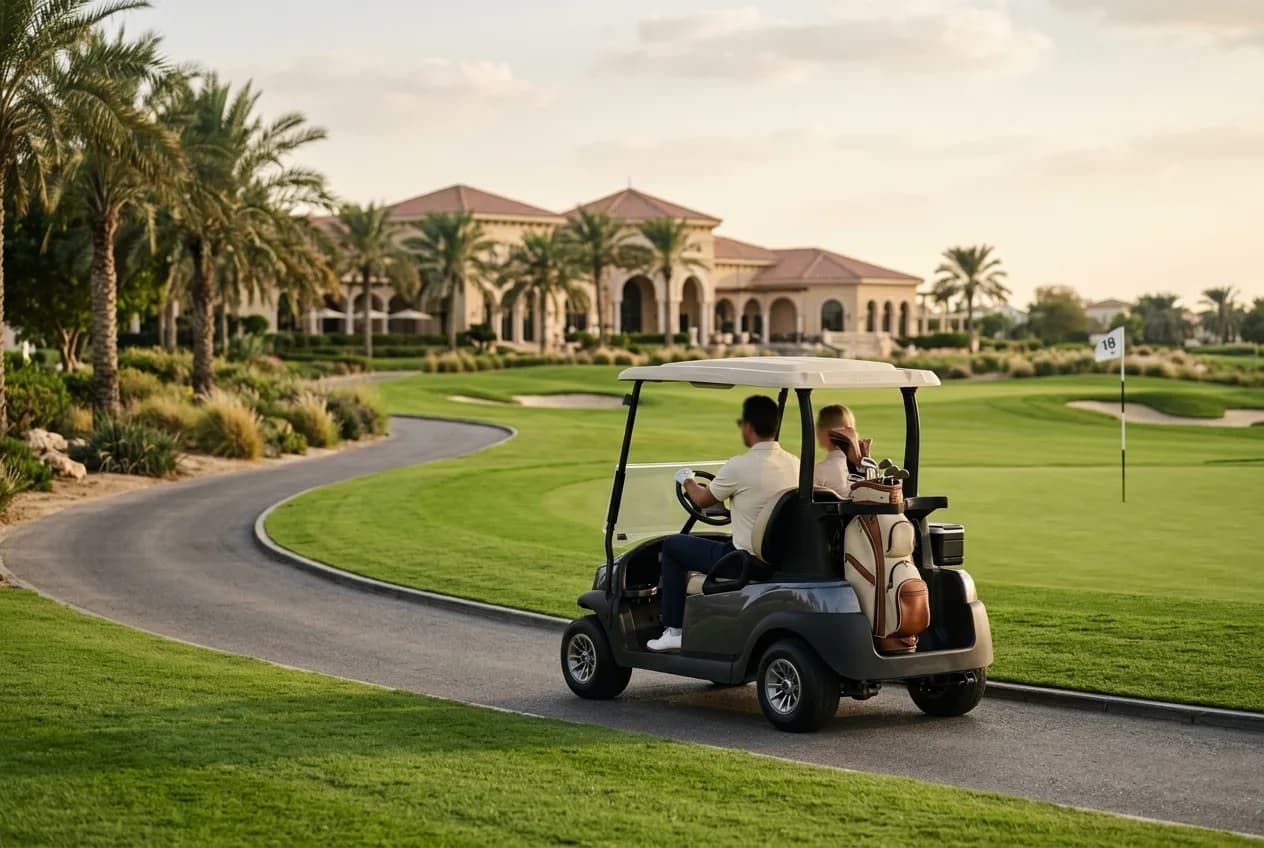 A luxury golf buggy on a Jumeirah Golf Estates fairway path beside immaculate greens
