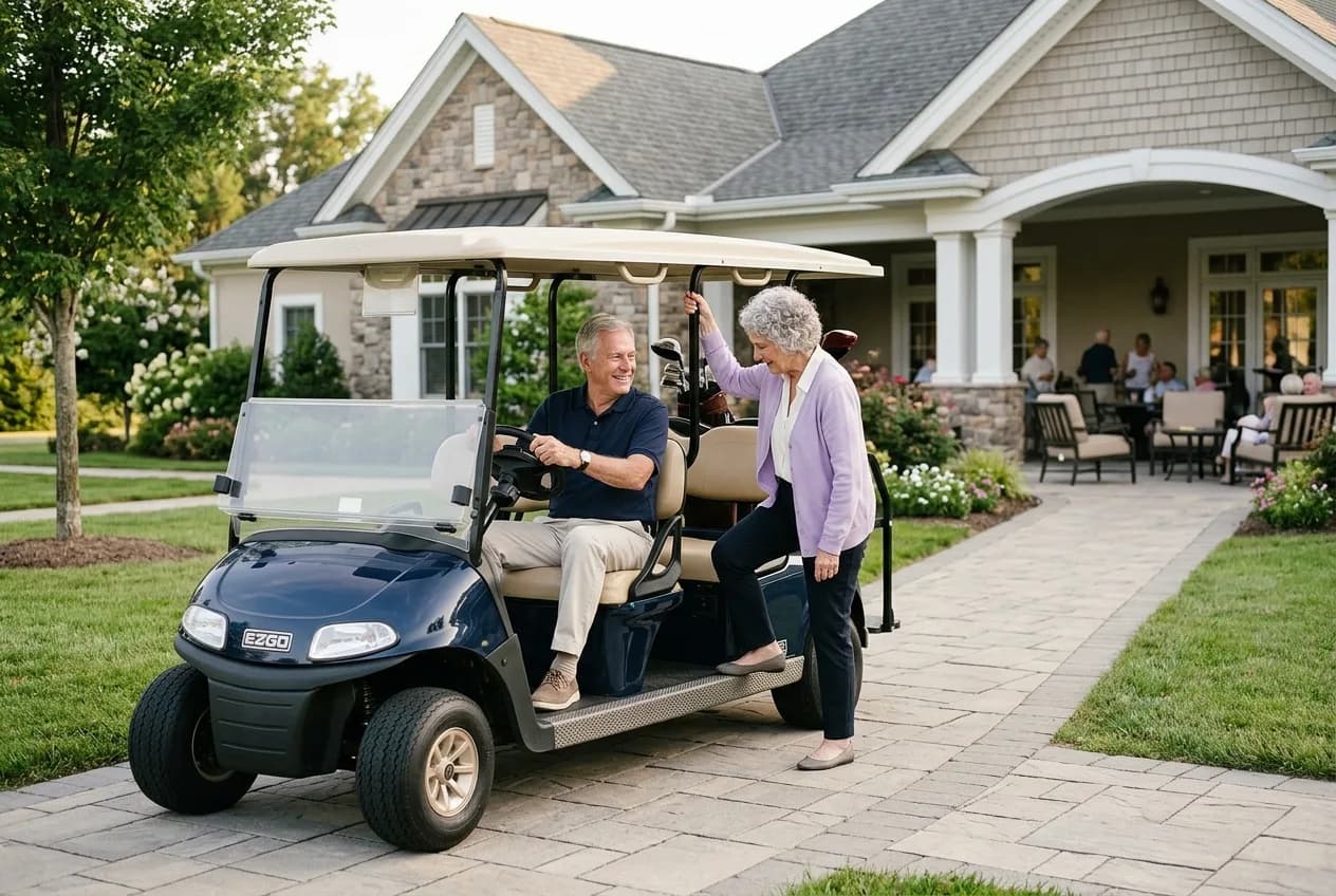 An older couple stepping easily into a comfortable four-seat golf cart outside a community clubhouse in soft daylight