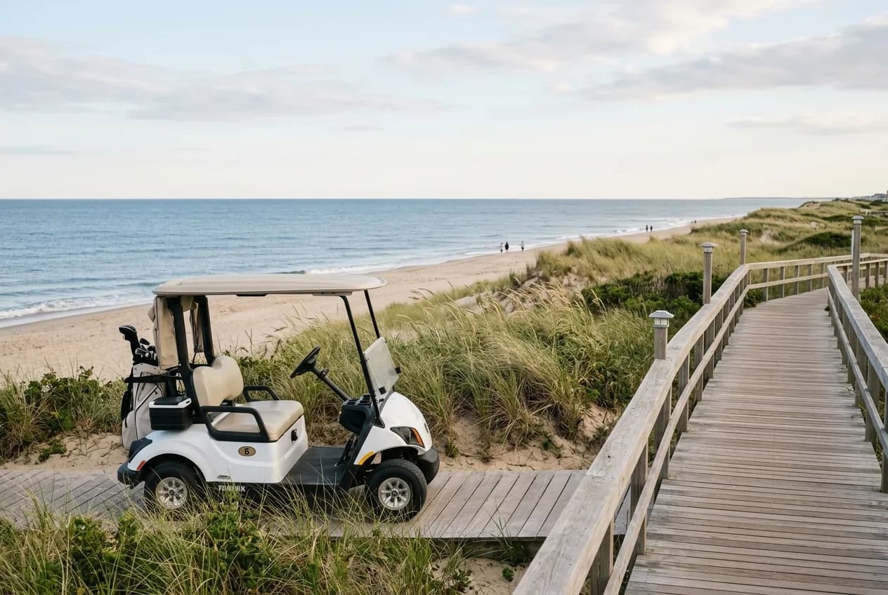 A golf cart parked along a tidy beach-town boardwalk with dunes and calm sea behind in soft daylight