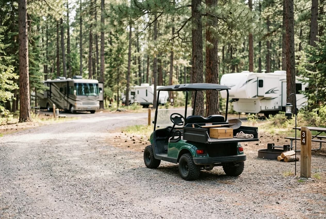 A golf cart on a gravel campground road among parked RVs and pine trees in soft daylight
