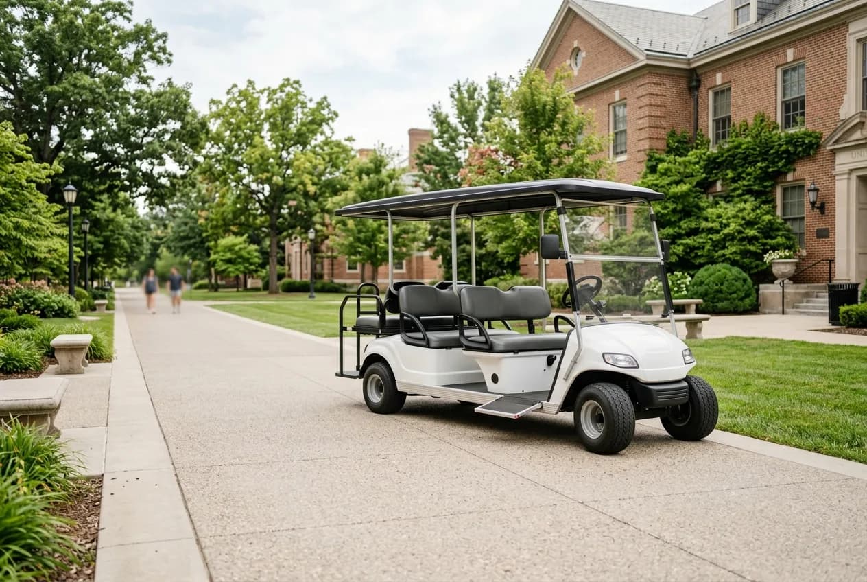 A campus utility golf cart moving slowly along a tree-lined university path with students walking nearby in soft daylight
