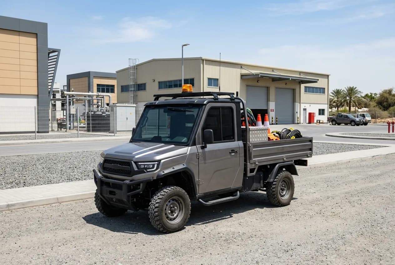 An electric personnel carrier with a beacon parked at a large UAE construction site under bright daylight