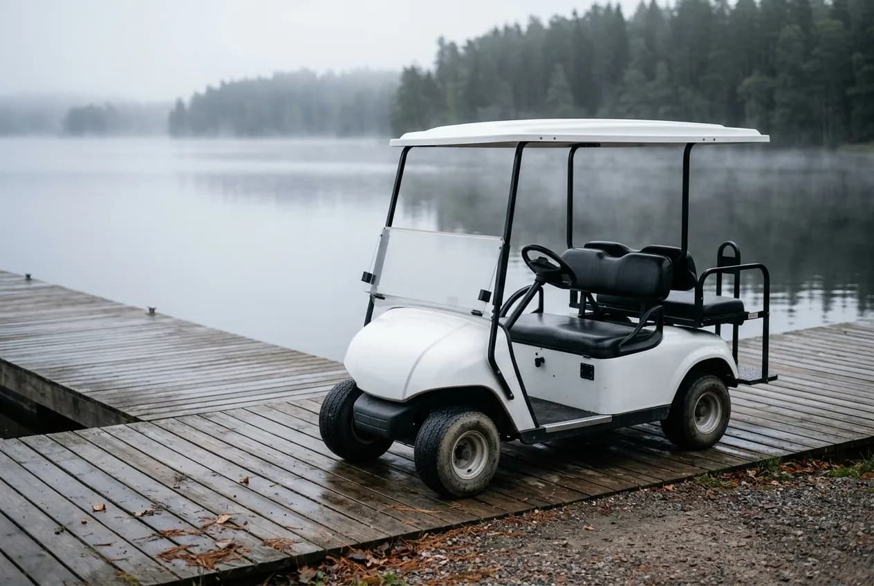 A six-seat electric golf cart loaded with bags on a gravel path leading down to a lake dock