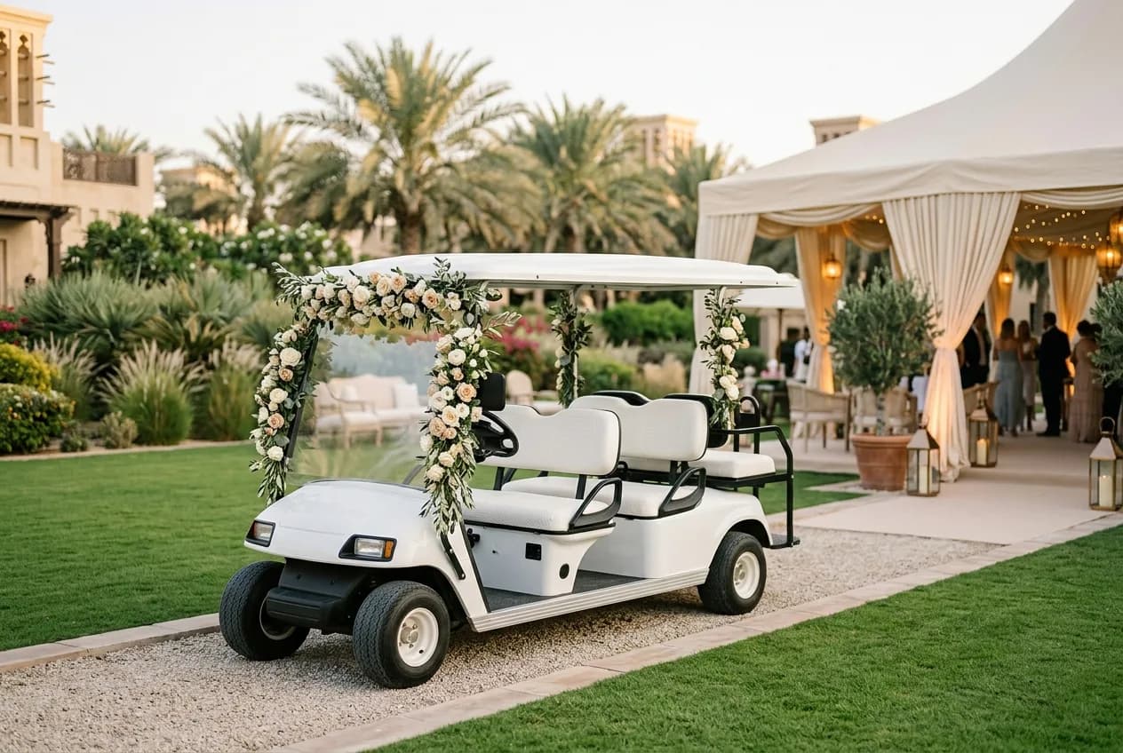An elegant white electric buggy with a canopy waiting at a styled wedding venue entrance in the UAE at golden hour