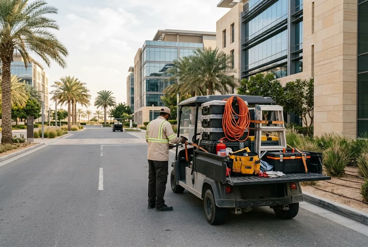 A utility electric golf buggy with a cargo bed parked beside a modern corporate campus building in the UAE