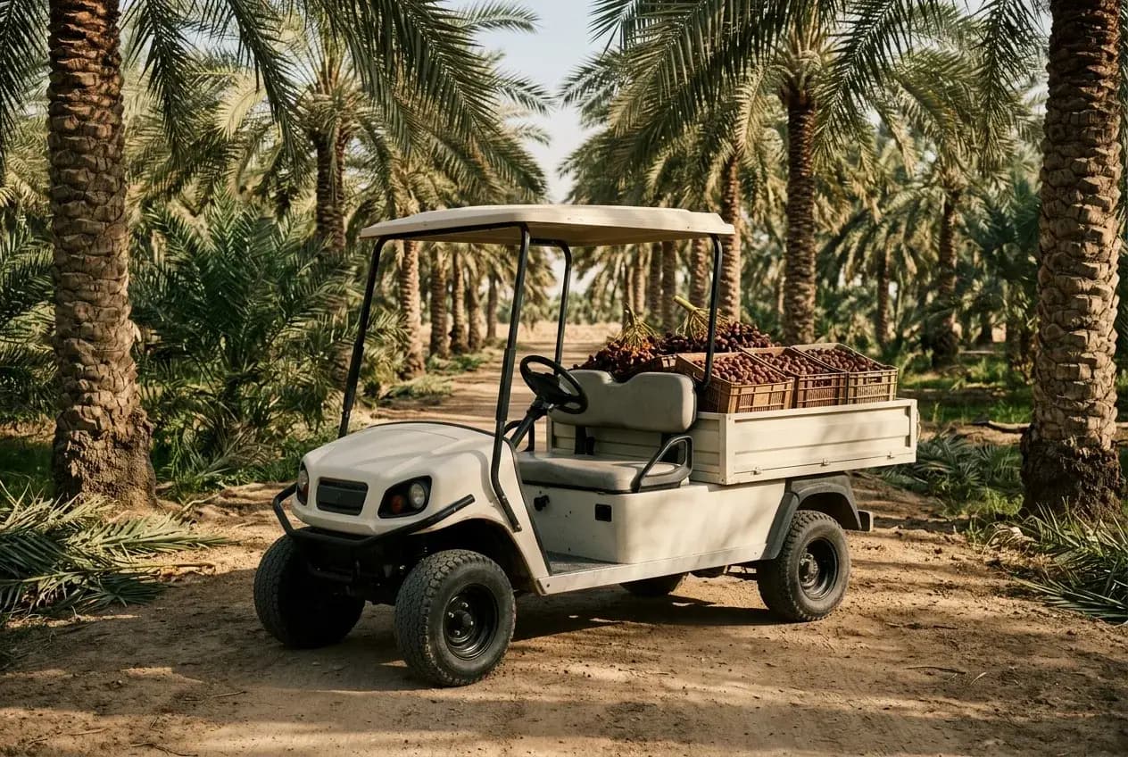 An electric utility buggy with a loaded cargo bed parked between rows of date palms on an Al Ain farm under warm daylight