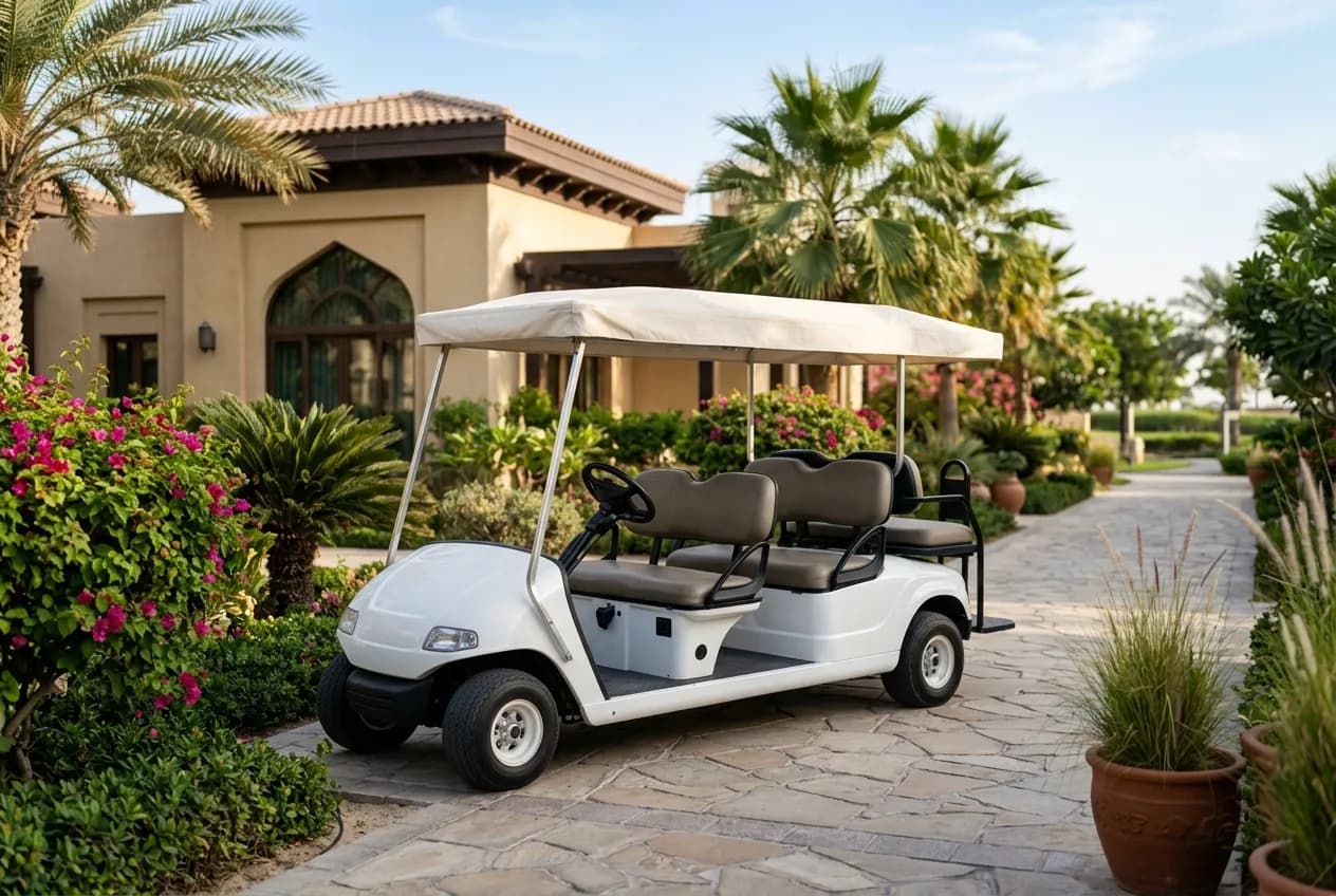 A clean branded resort buggy with a soft canopy waiting at a luxury UAE beach resort villa path under soft daylight