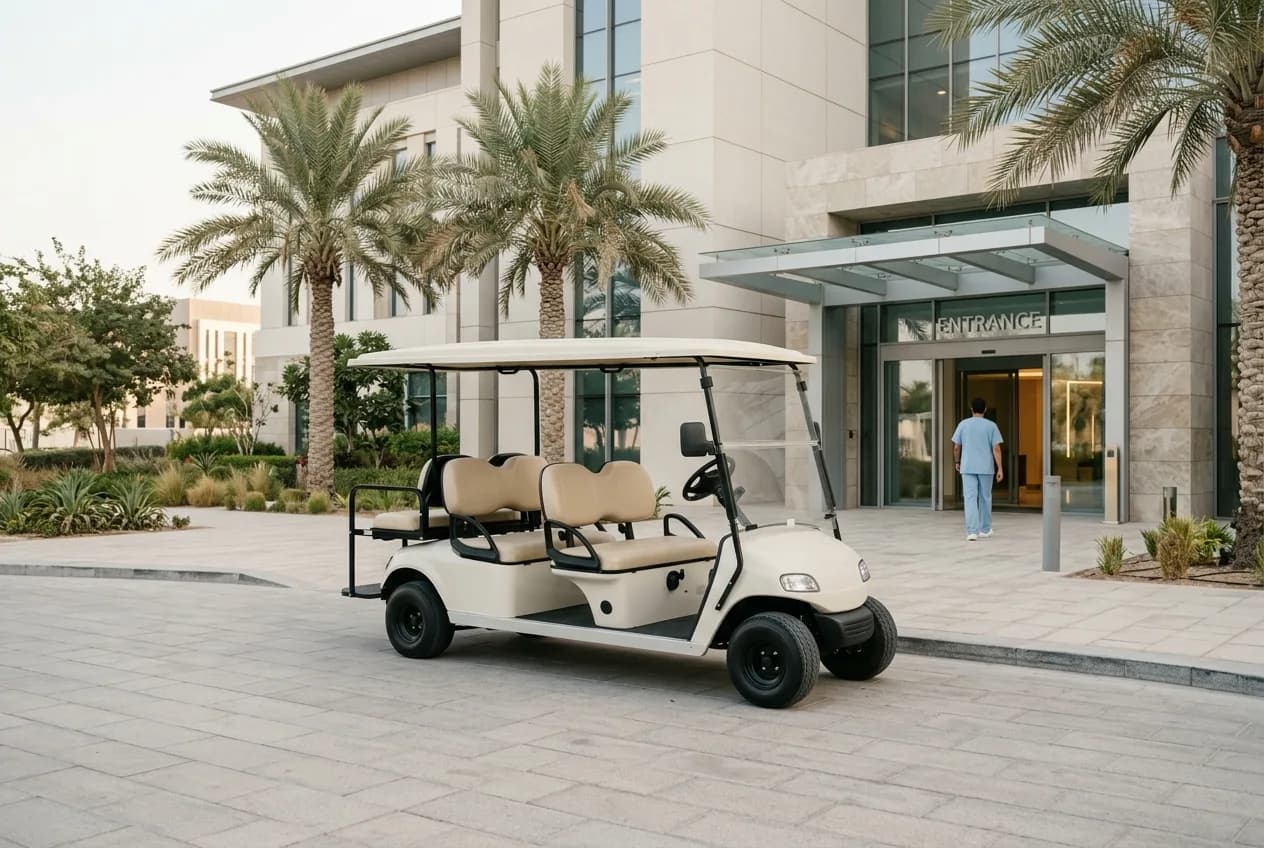 A comfortable passenger electric golf buggy parked at a modern hospital forecourt with clean architecture and palms in the UAE