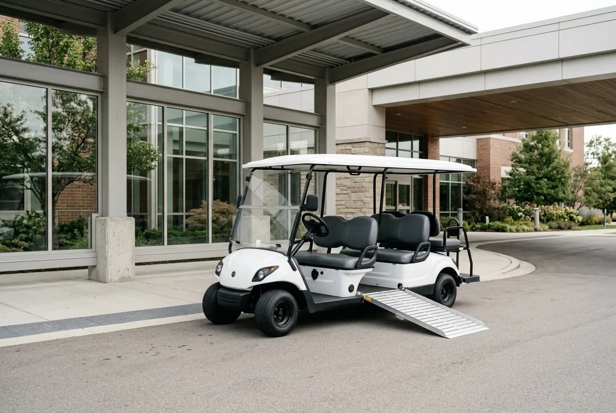 An accessible passenger golf cart with weather protection waiting at a hospital entrance forecourt in soft daylight