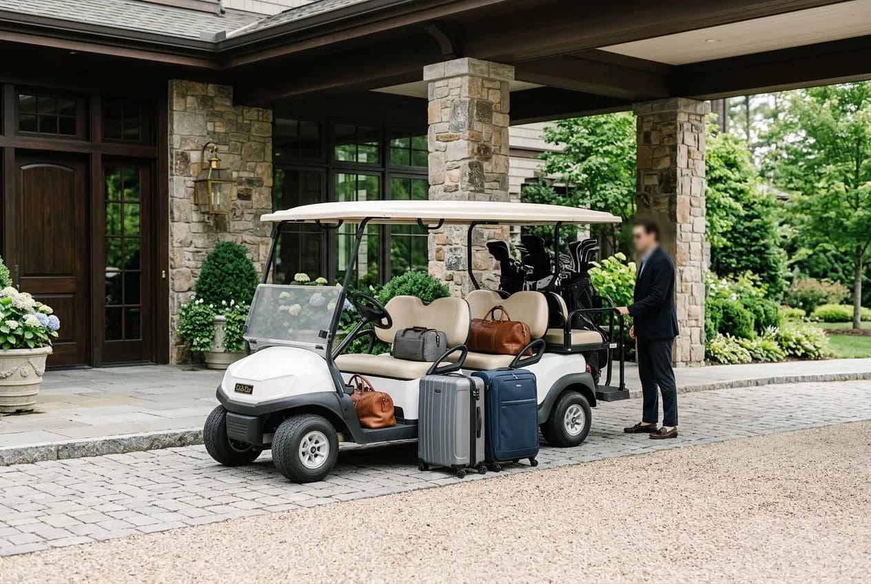 A clean passenger golf cart waiting under a hotel porte-cochere in soft daylight ready to shuttle arriving guests