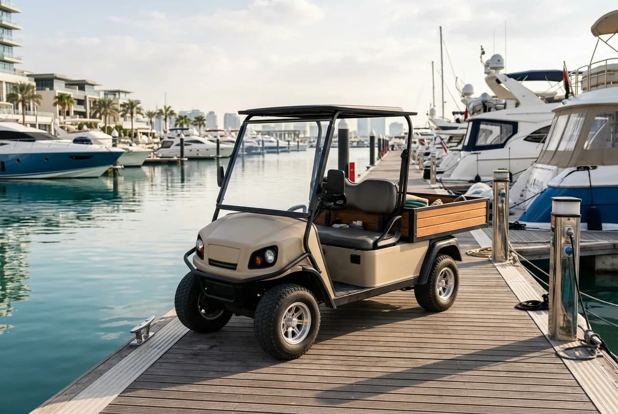An electric utility buggy parked on a UAE marina boardwalk beside moored boats under clear soft daylight