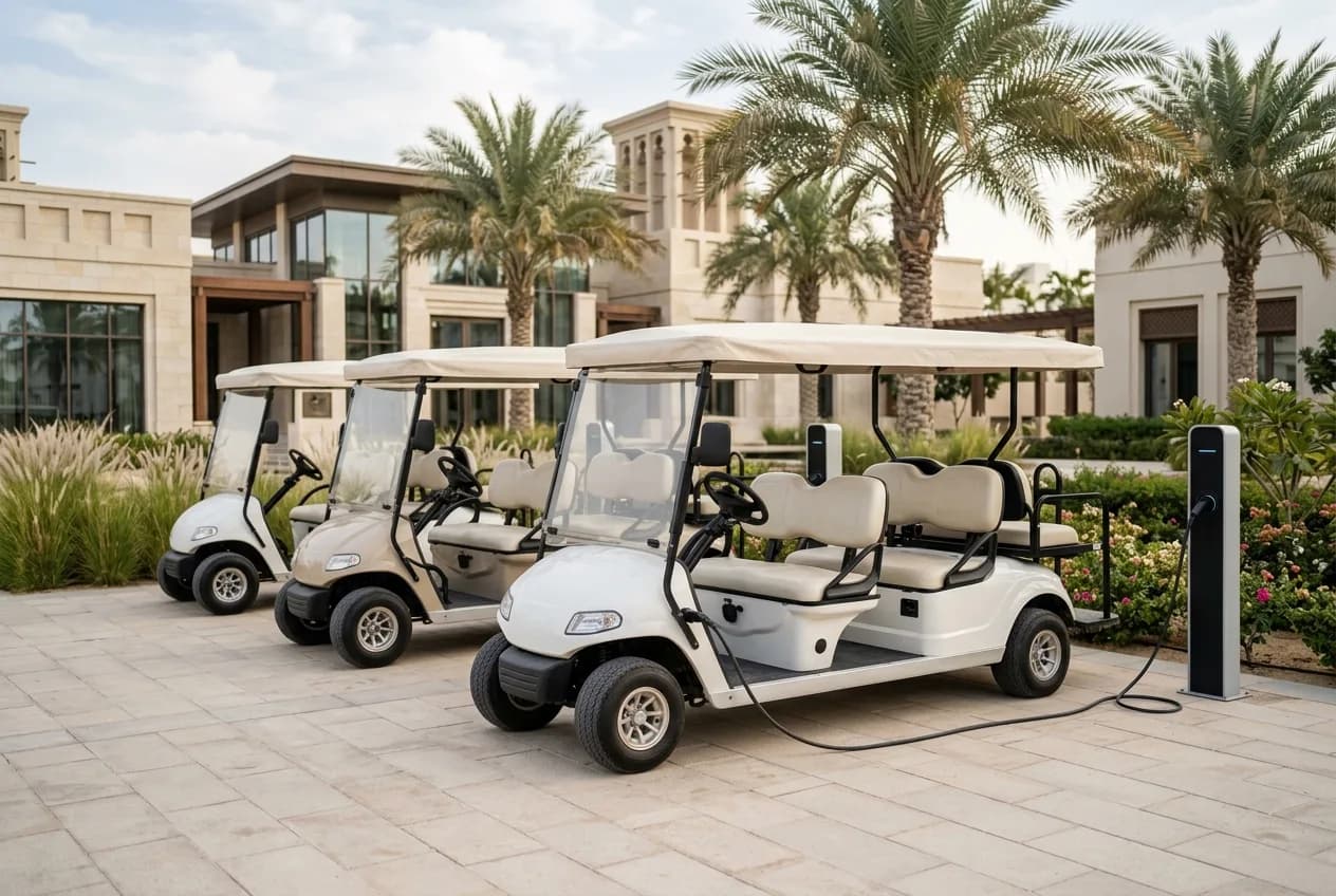 A row of new electric community buggies lined up at a UAE master-planned development handover under soft daylight