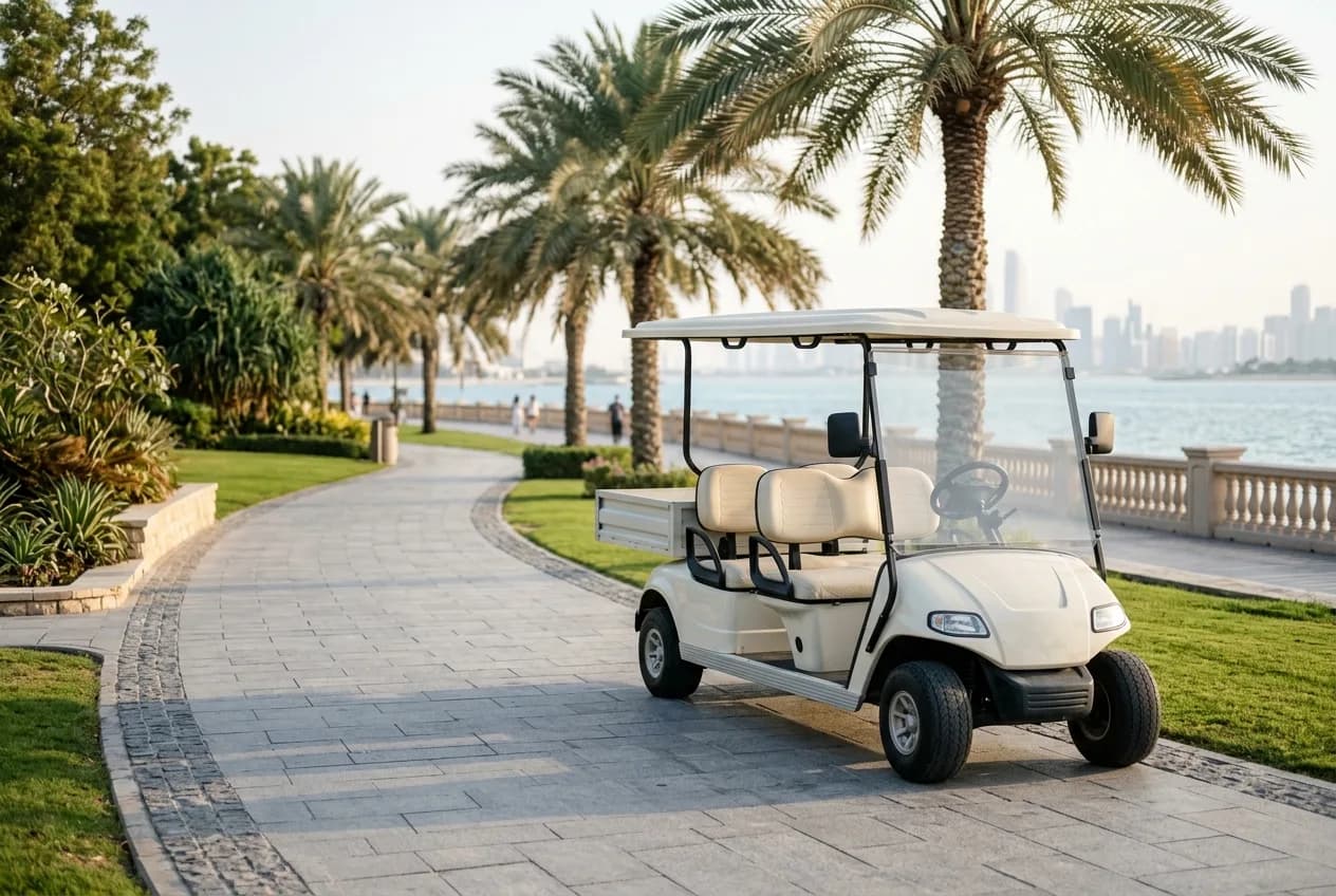 An electric buggy on a clean UAE beach promenade with palms and calm sea behind under soft daylight