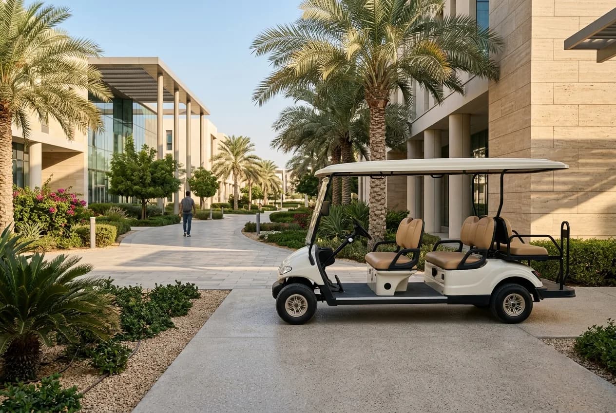 An electric golf buggy on a clean campus path beside modern university buildings and landscaped greenery in the UAE