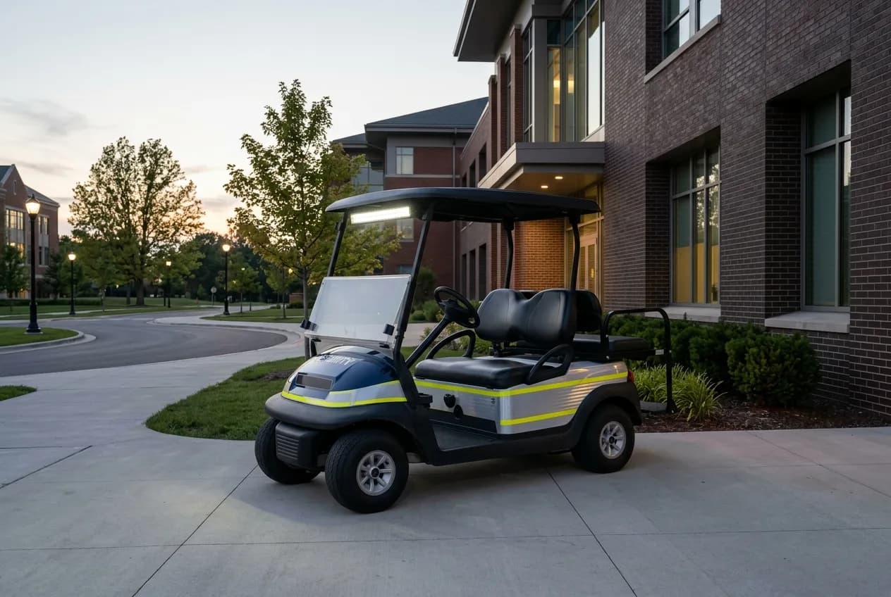 A marked security patrol golf cart with an amber beacon parked on a quiet campus path at dusk
