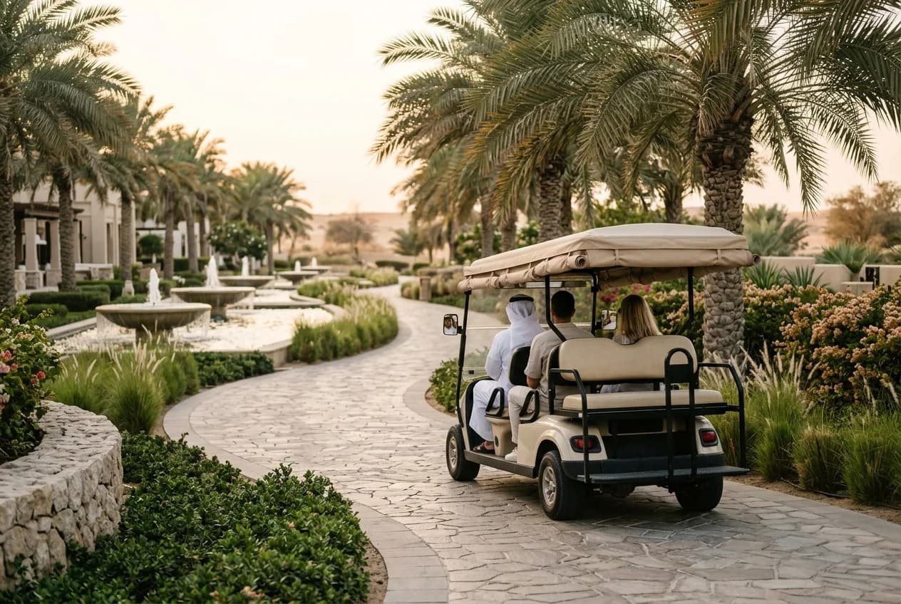 A canopied sightseeing buggy carrying guests through landscaped resort grounds in the UAE under soft daylight