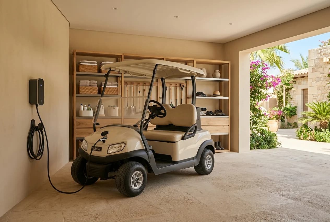A golf buggy charging in a shaded UAE villa garage with the charger lead connected