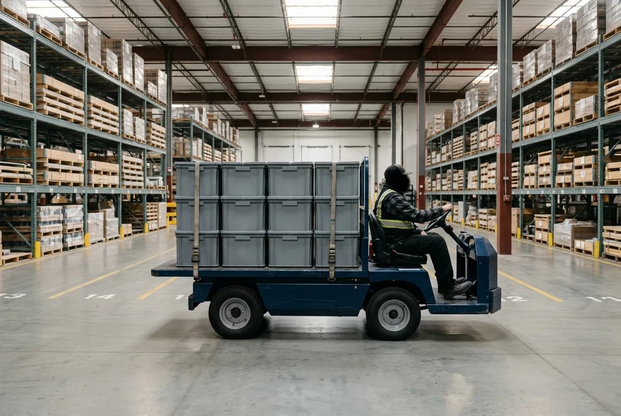 An electric personnel cart with a flat cargo bed parked in a wide clean warehouse aisle in soft overhead light