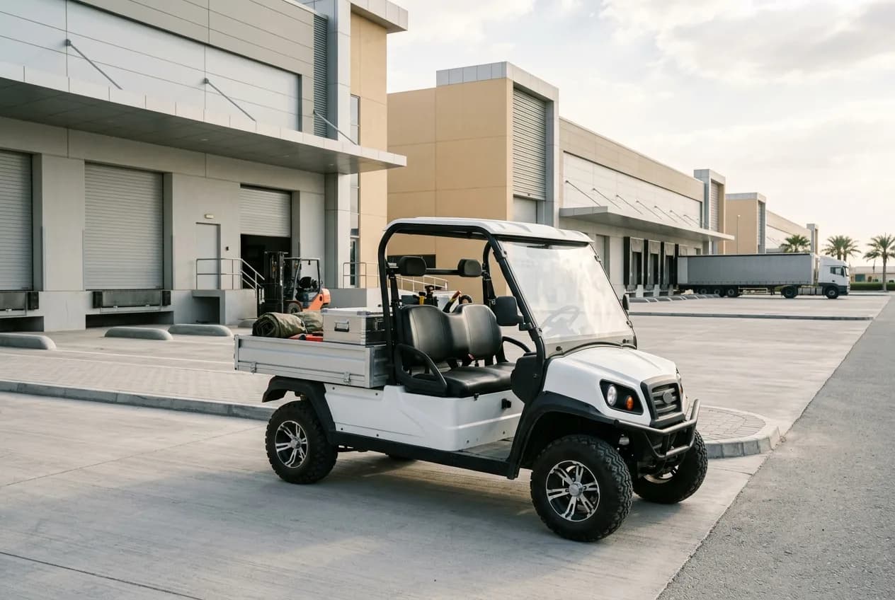 An electric utility buggy with a cargo bed parked in a large modern UAE logistics warehouse aisle