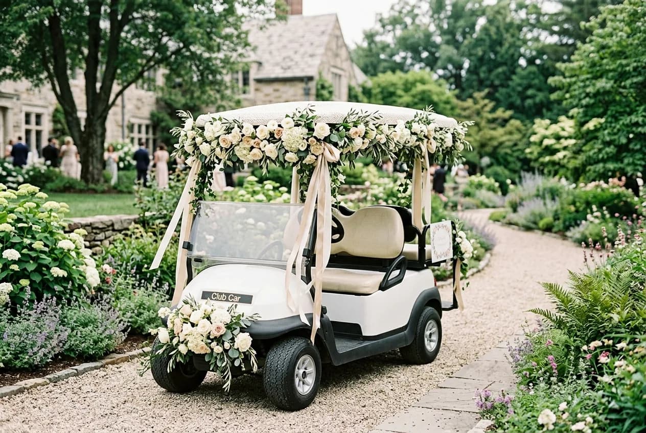 A tastefully decorated white golf cart with floral trim parked at an outdoor wedding venue in soft daylight