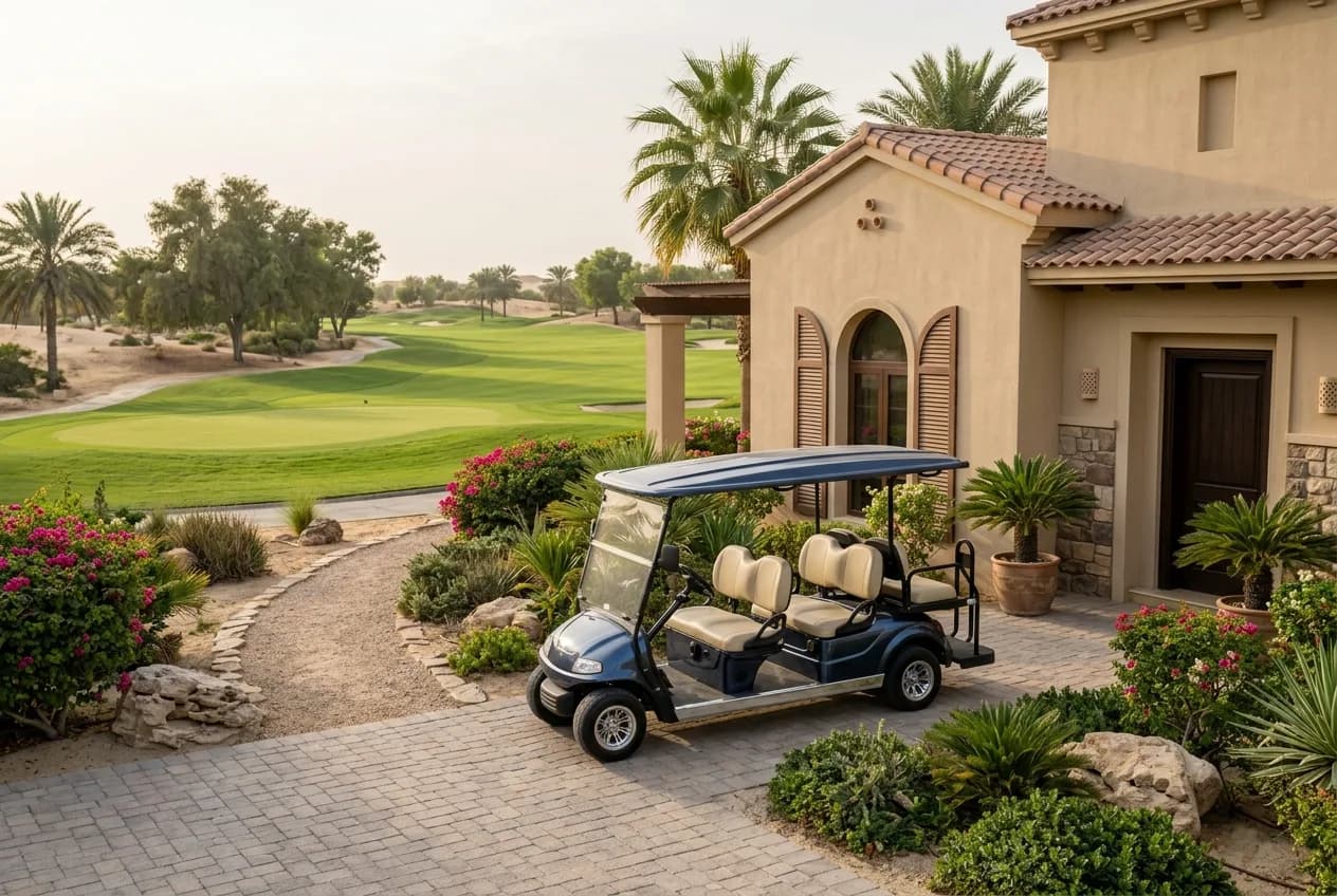 A family golf buggy parked beside an Arabian Ranches villa garden with desert landscaping and a golf fairway