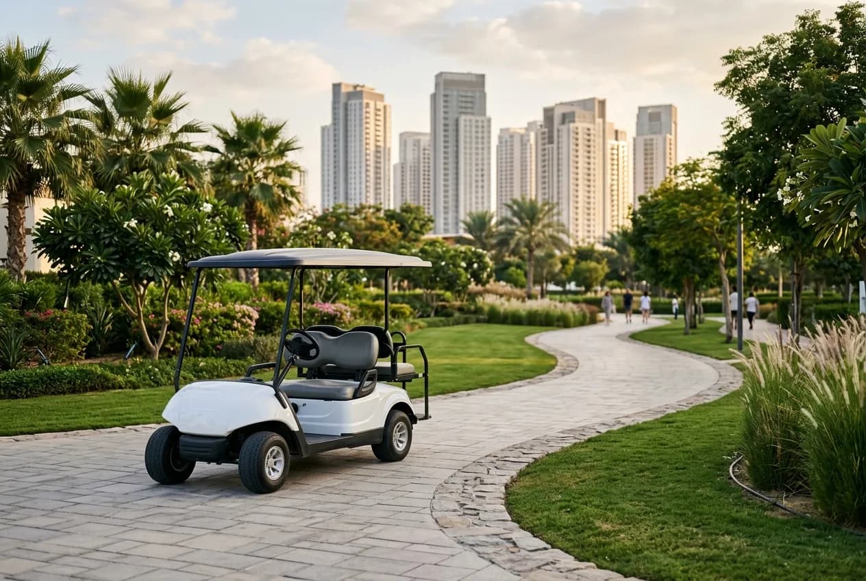 A golf buggy parked at the edge of Dubai Hills Park with families walking and modern towers behind