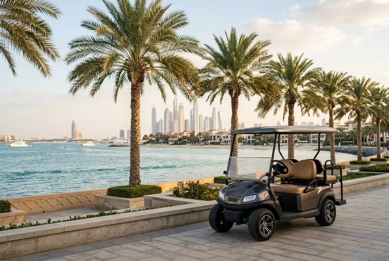 A salt-air-protected golf cart parked near a Palm Jumeirah waterfront with sea breeze and palms
