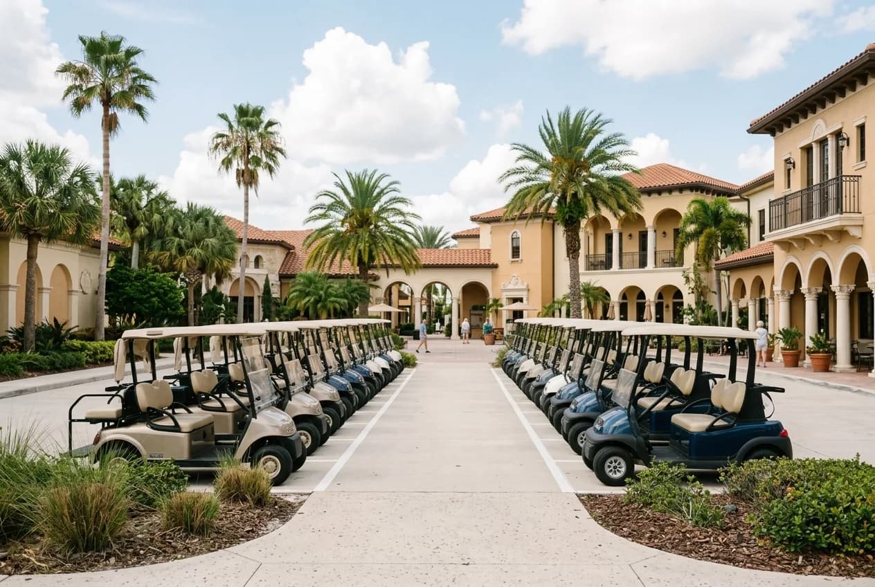 Rows of golf carts parked outside a sunny Florida-style town square in a retirement community