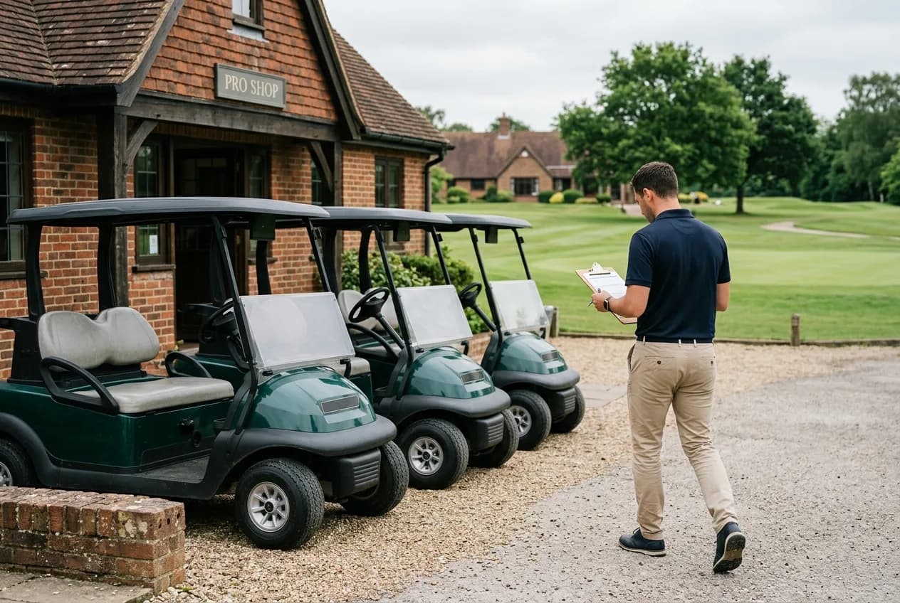 Golf club staff member completing a daily checklist beside a row of electric buggies outside a UK pro shop