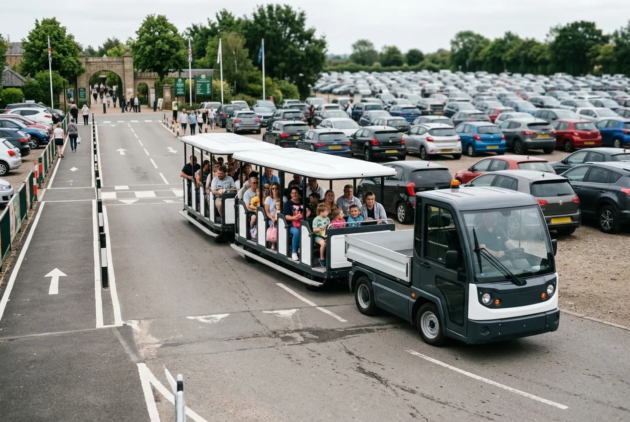 An electric people-mover carrying visitors from a theme park car park towards the entrance plaza