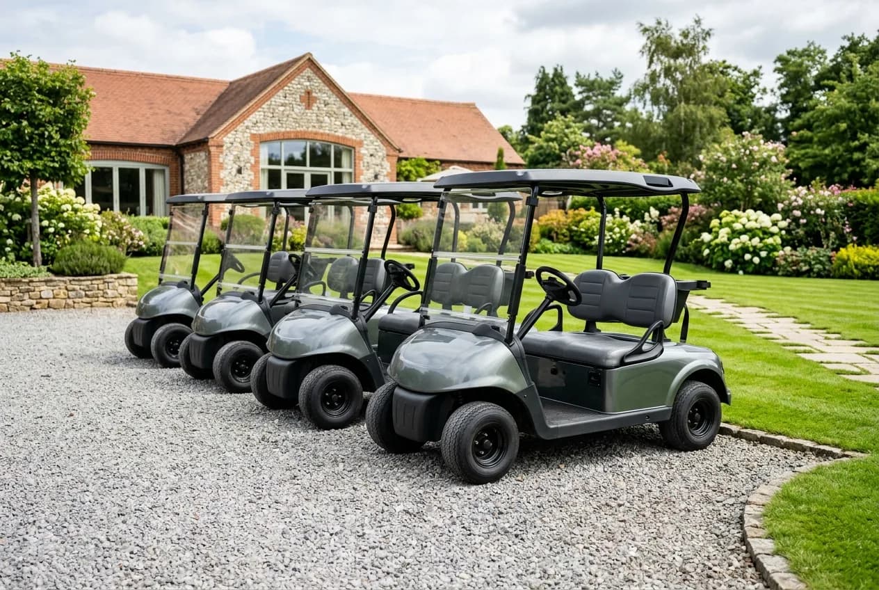 A row of electric golf carts parked on a resort forecourt on a bright morning