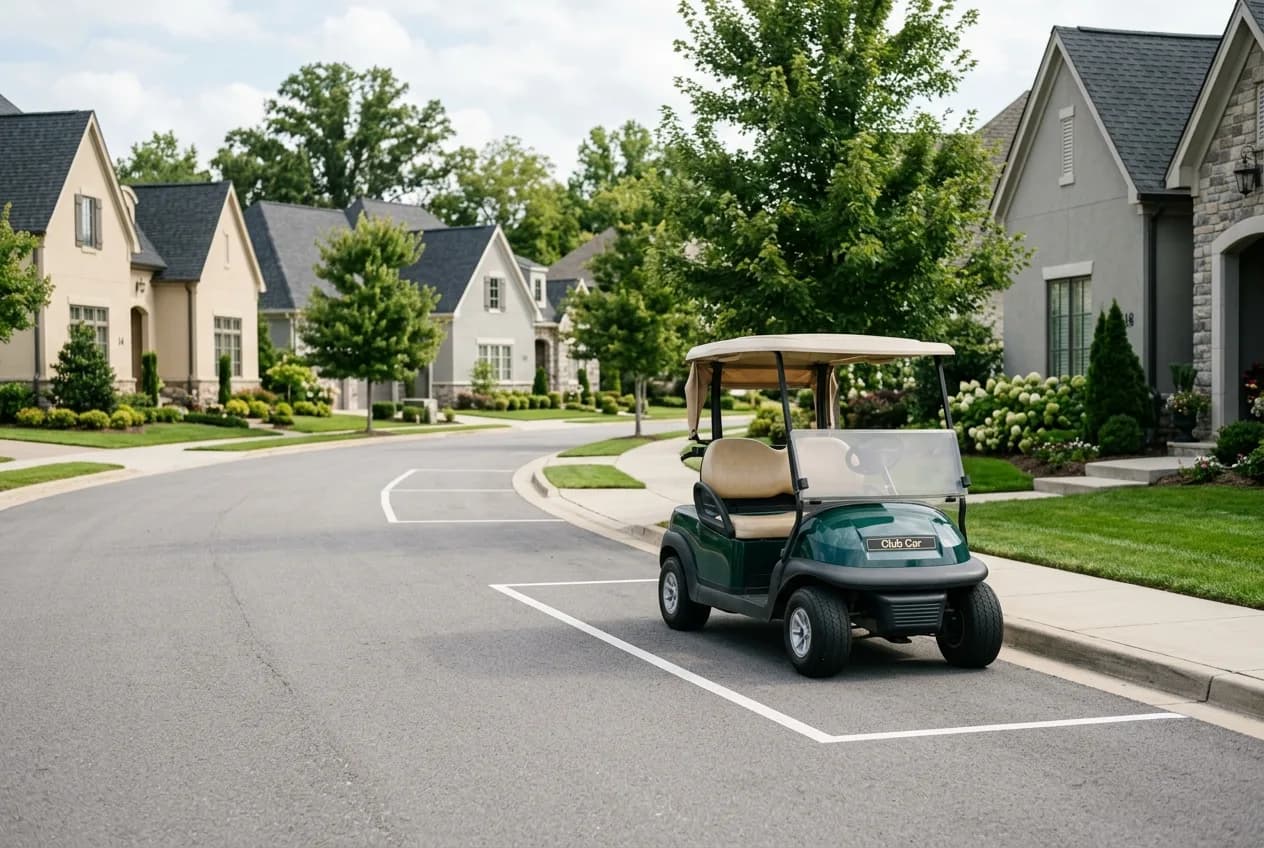 A golf cart parked correctly in a designated space on a tidy HOA neighborhood street in soft daylight