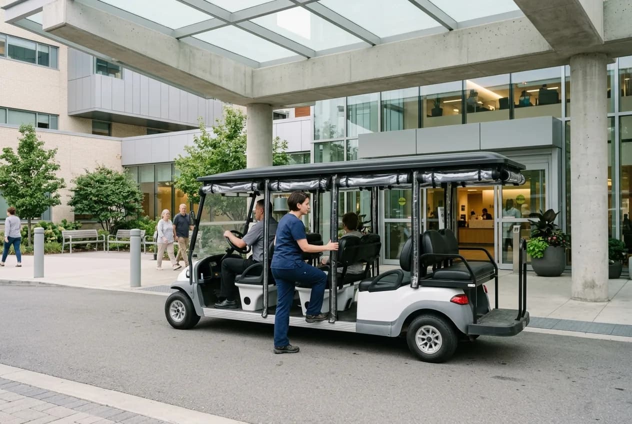 An electric shuttle cart collecting staff outside a modern hospital building entrance
