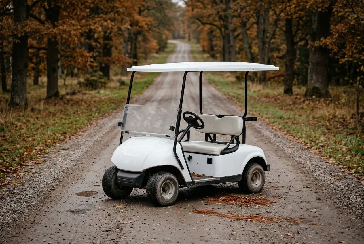 An electric golf cart driving along a long gravel lane between autumn trees with a lake in the distance