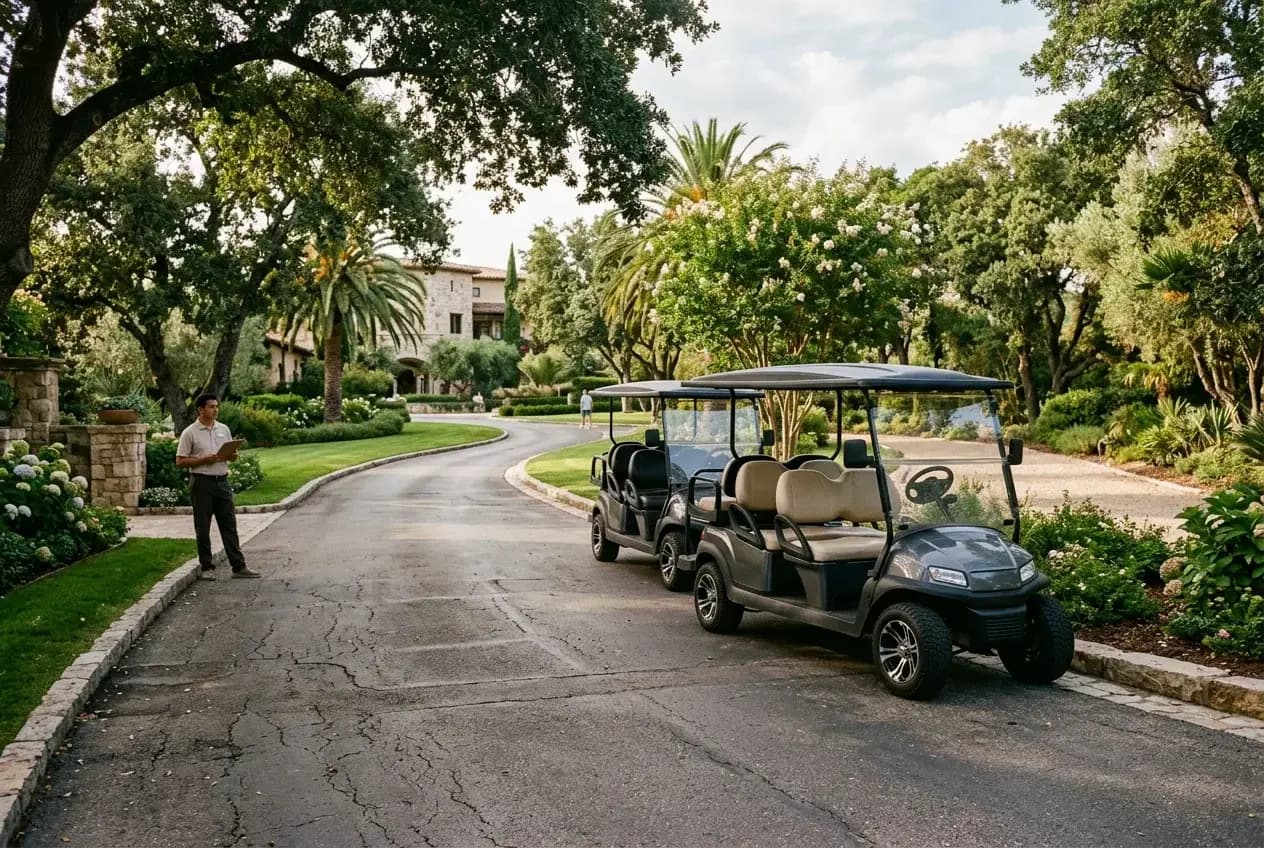A small fleet of electric golf carts lined up on a resort driveway