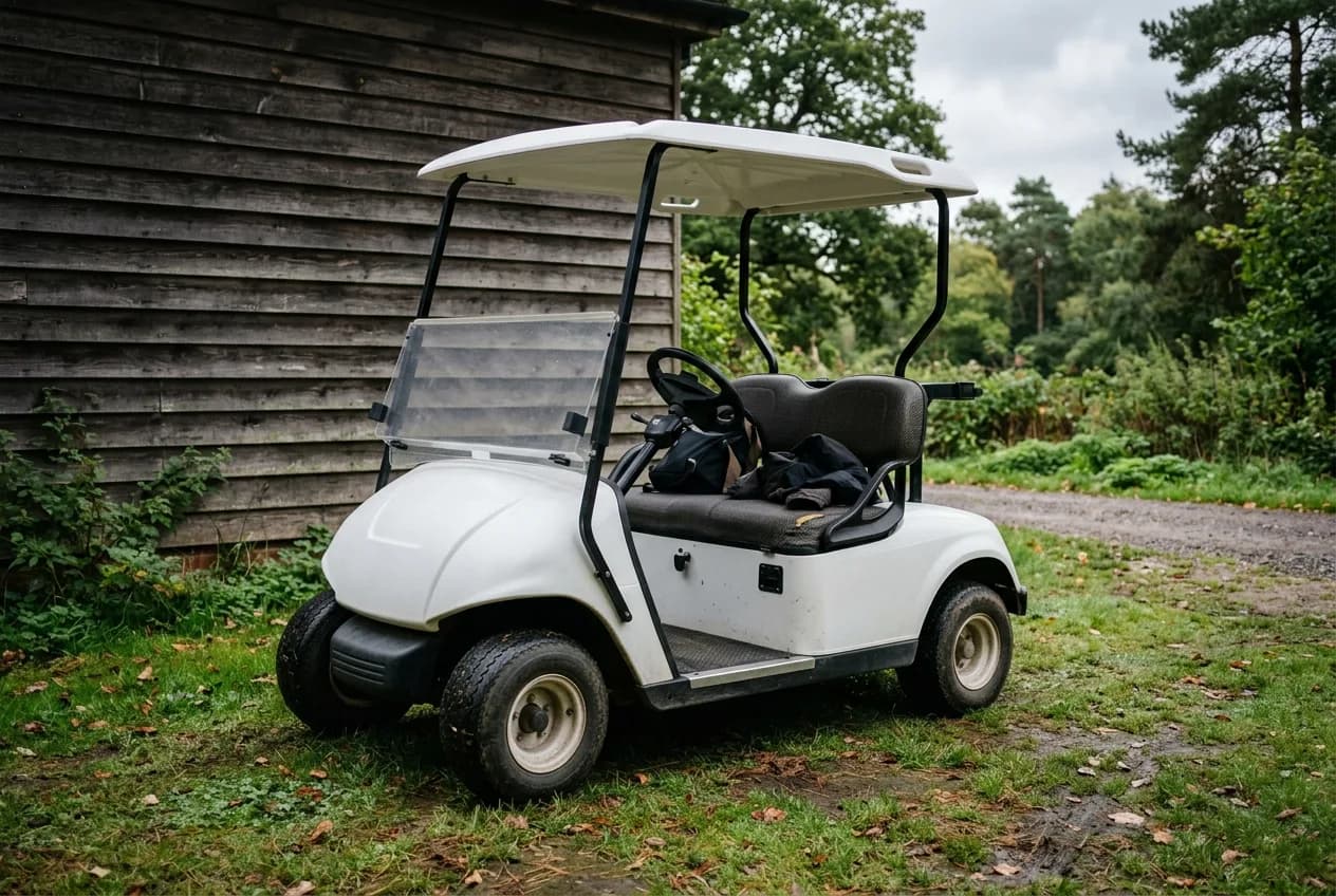 A modern electric golf cart parked beside a lakeside boathouse in autumn light