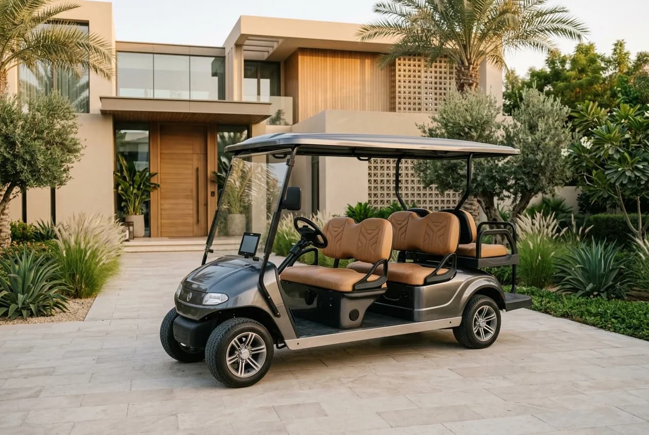 A premium four-seat electric golf buggy parked at a villa entrance in the UAE under warm daylight