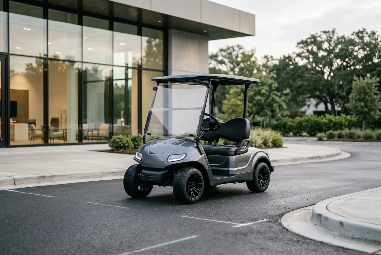 A clean modern electric golf cart parked on a dealership forecourt in soft daylight
