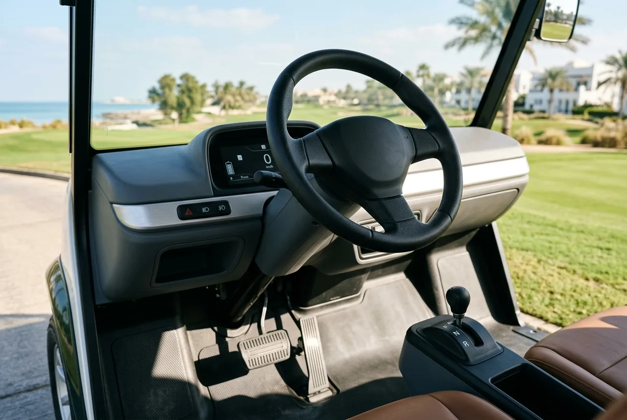 A beginner driving a clean electric golf buggy on a quiet landscaped community road lined with palms