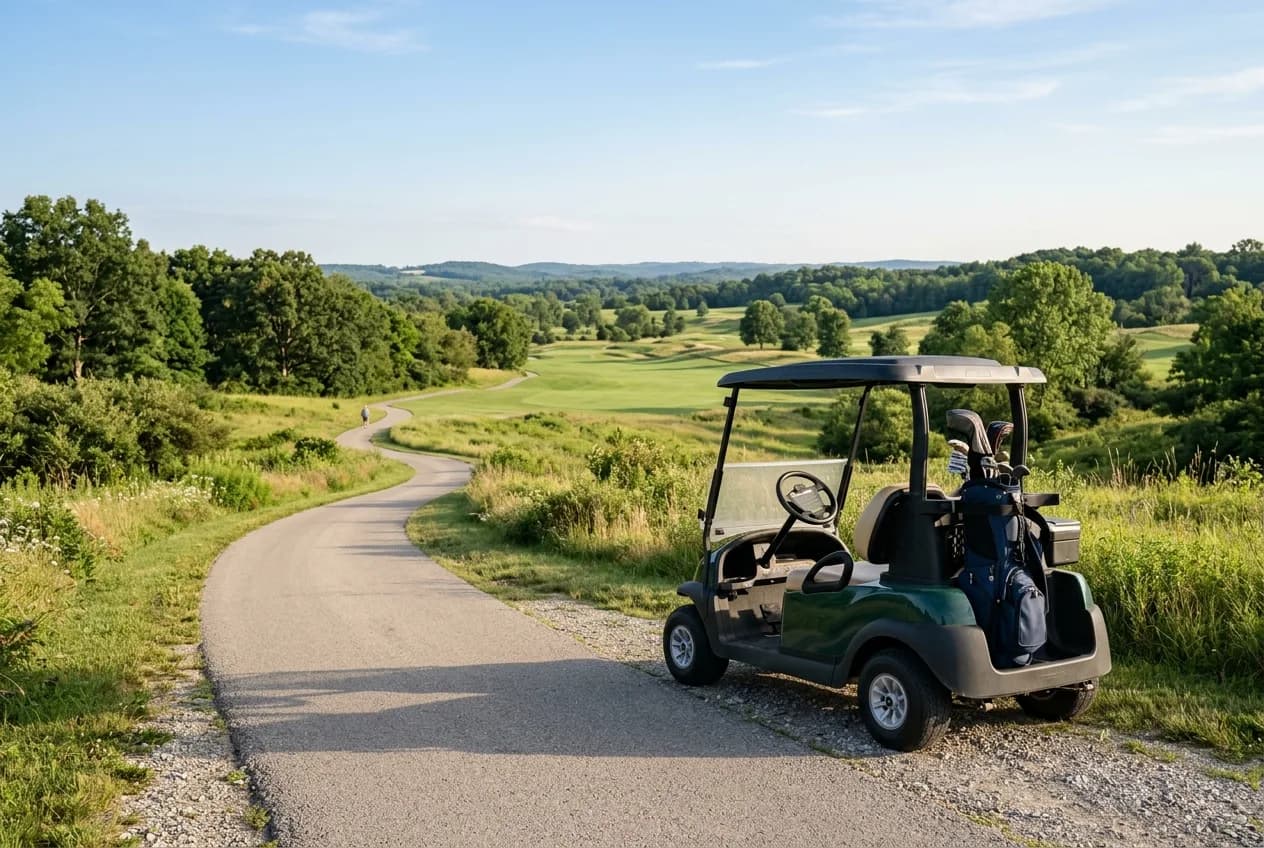 A golf cart parked on a long sunny path with open fairway stretching into the distance