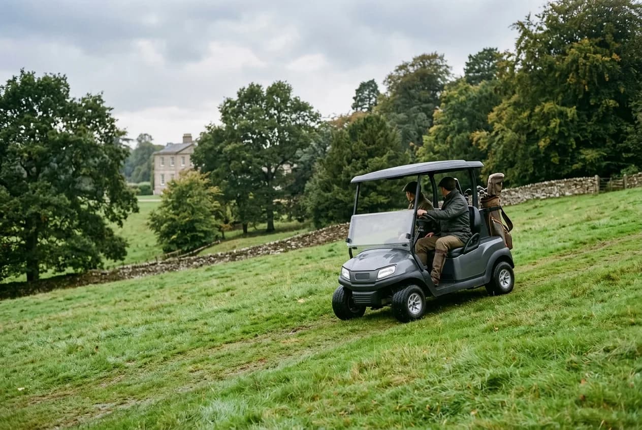 Electric golf buggy climbing a gentle grass slope on a private British estate with parkland trees behind