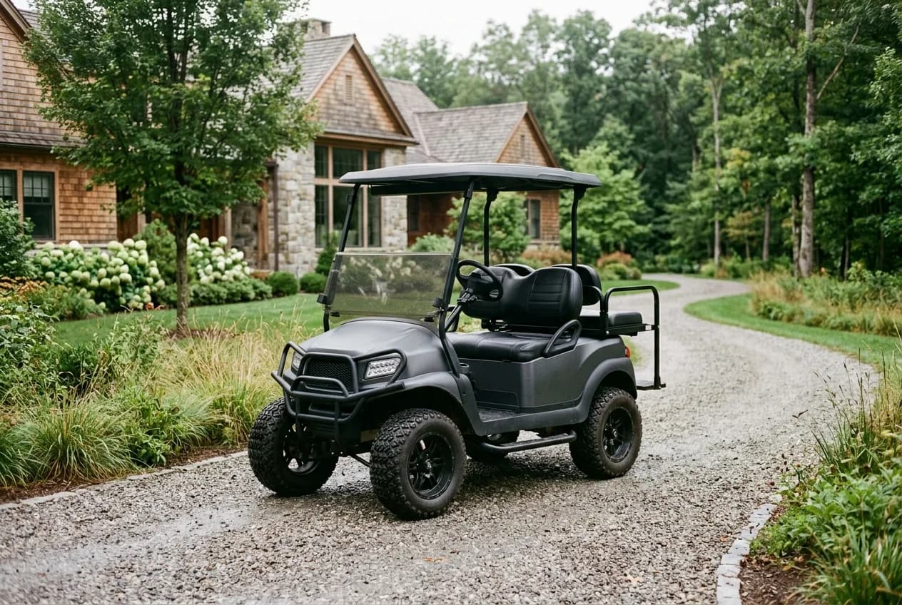A lifted golf cart with larger tires parked on a gravel drive in soft daylight