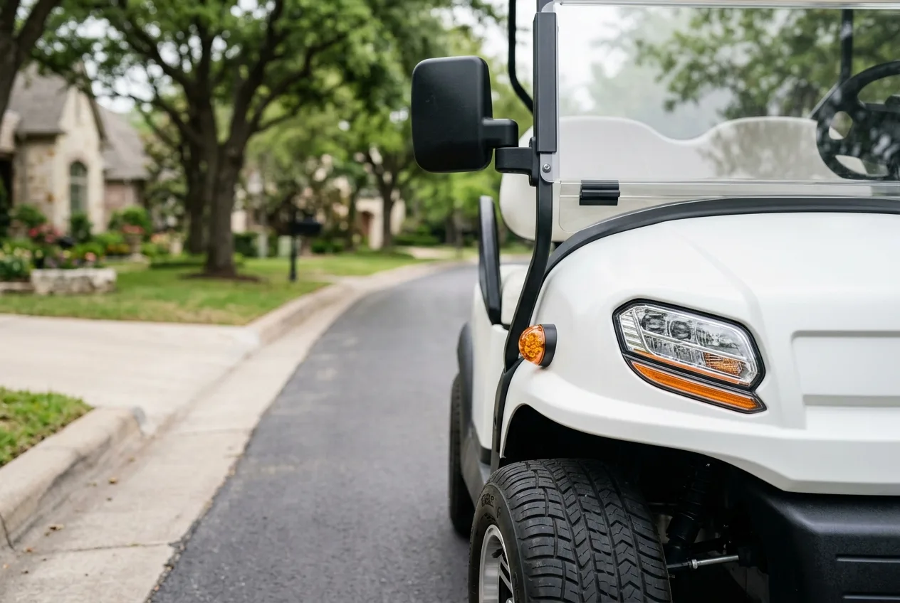 Close view of a golf cart fitted with headlights, mirror and turn signal on a quiet street in soft daylight