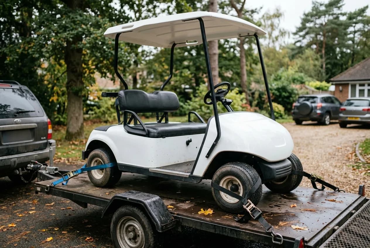 A golf cart secured on a flatbed trailer ready for long-distance transport