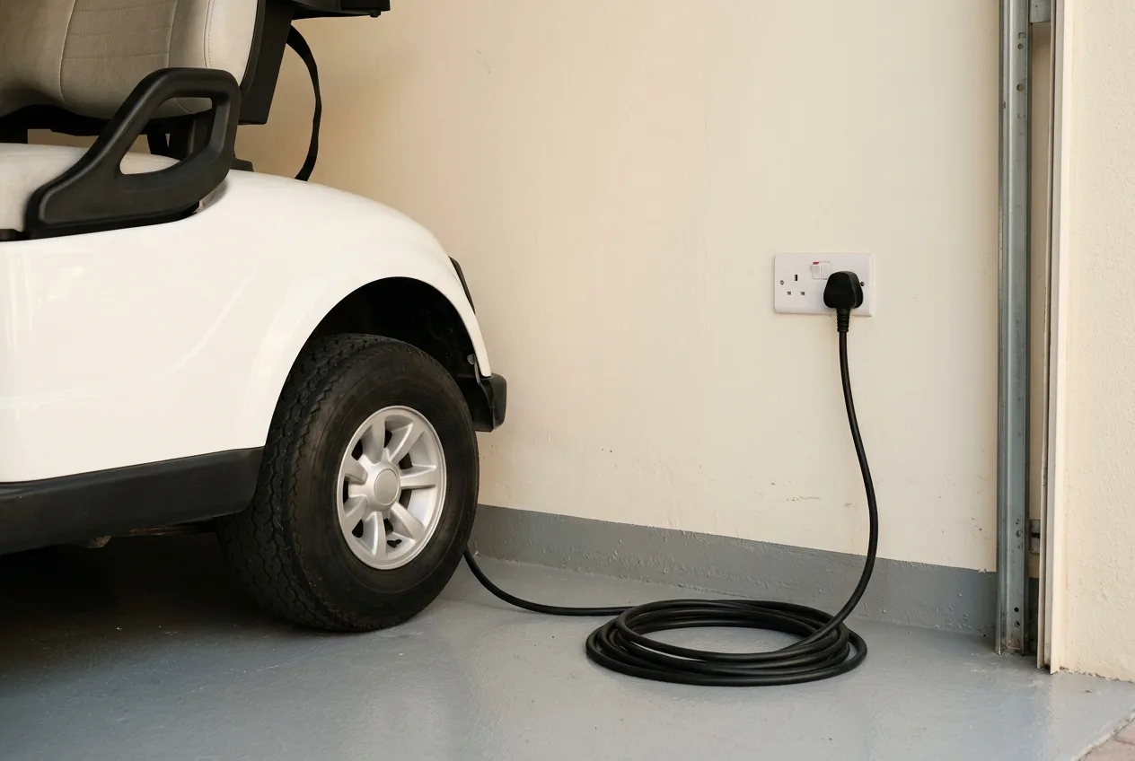 A UAE wall socket and golf buggy charger plug being connected in a shaded villa garage